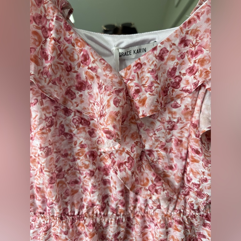 Grace Karin Pink and White Floral Flutter Sleeve Tank Top Blouse | Small | NWT - Picture 6 of 11